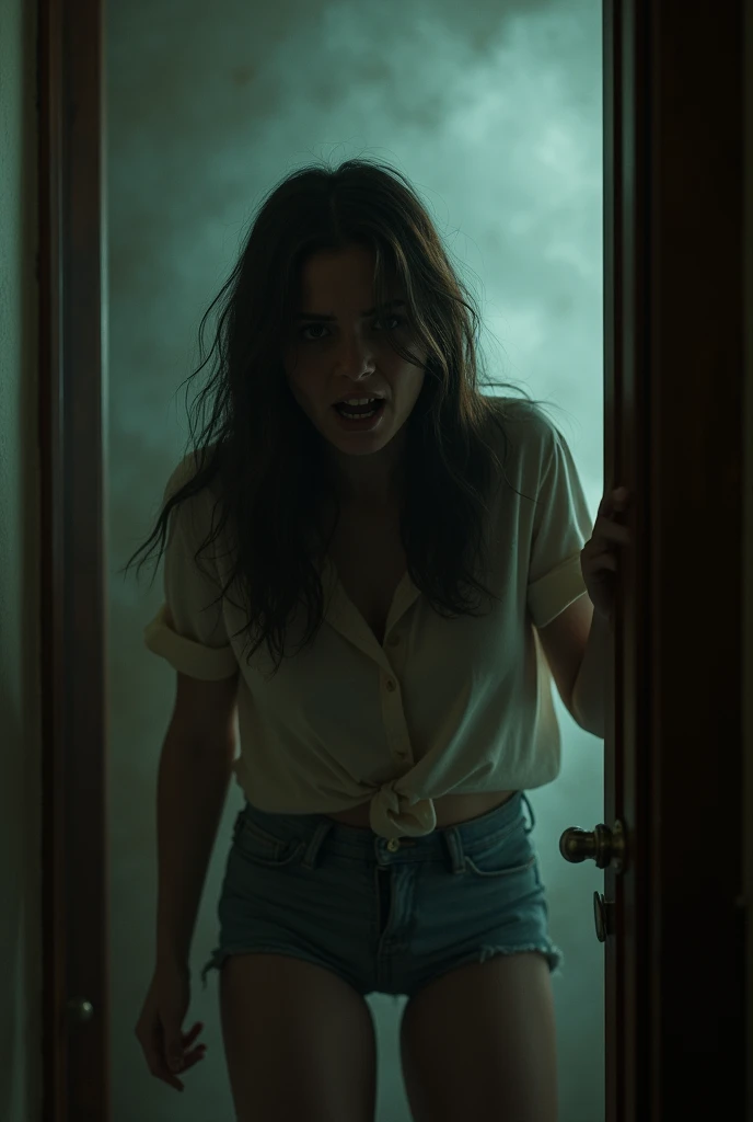 A young woman trembling and backing away in a room but the was no where to go