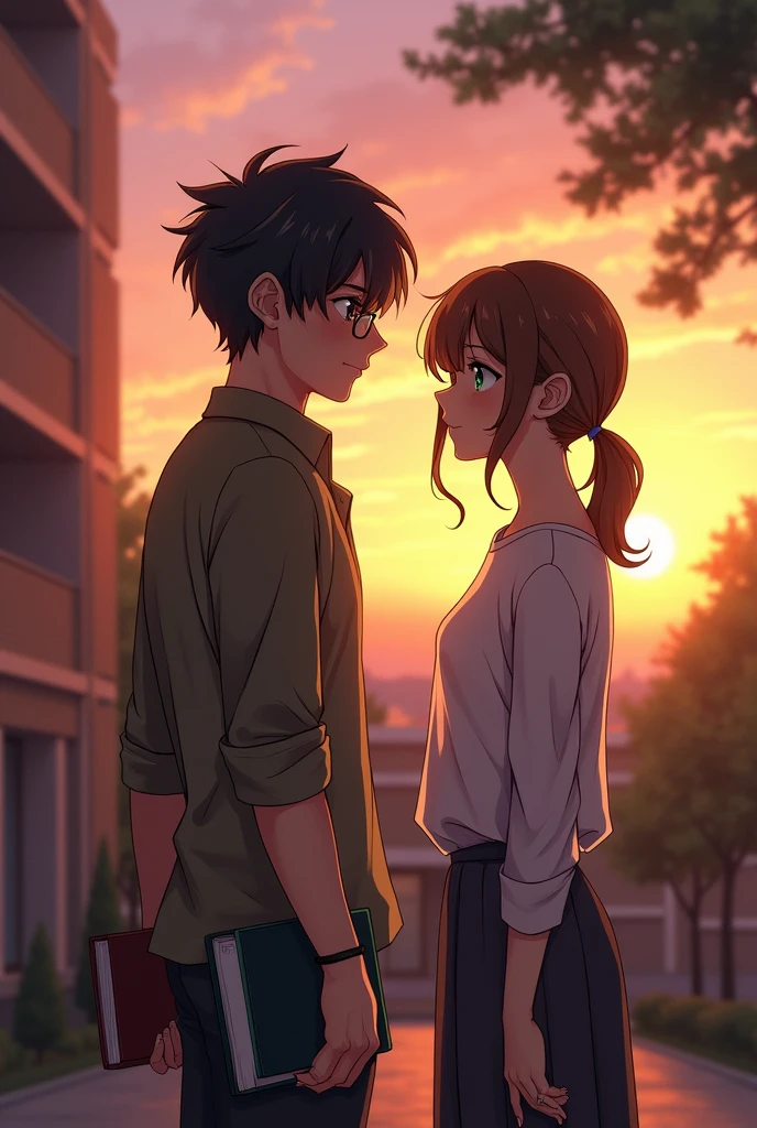Alex (2 young man, delgado, with messy black hair and dark eyes and wears glasses) and Mia (2 woman, slender, with brown hair tied back in a ponytail and green eyes) They are standing outside the library, looking at the horizon at sunset. Alex has a book in his hand, With a light smile.