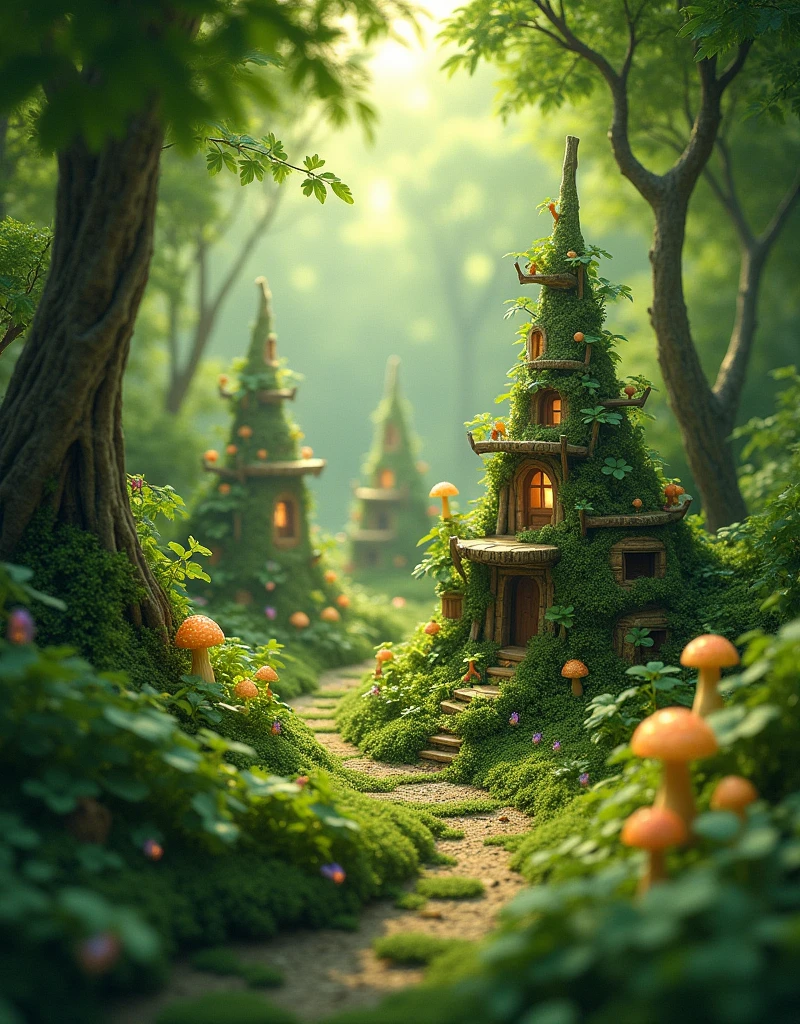 a tiny city under clover forest