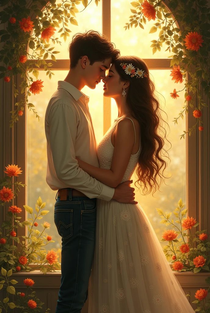 I am nothing without you boy and girl background, window with sunlight, relaxed pose, realistic, intricate details, warm colors, by Greg Rutkowski, by Alphonse Mucha