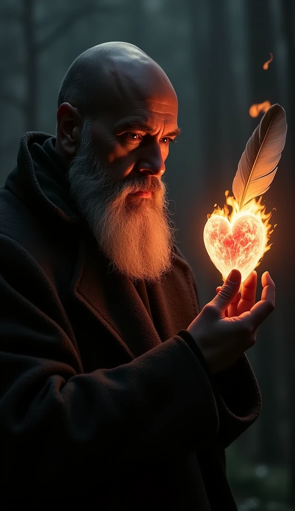 bearded man with a quill pen and a hand, and a burning heart in the other hand. Bald man, offwhite, with beard. dark. cinematographic. silhuette