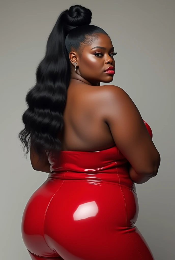 (photorealism:1.2) . beautifu ebony plus size dark chocolate skinned tone melanin women, with long flowing black hair bbw plus size curvaeous woman radiating authorityFull body perfect image from behind of stunning plus size  dark skinned toned melanin dressed in red latex rubbing with hair in a bun
