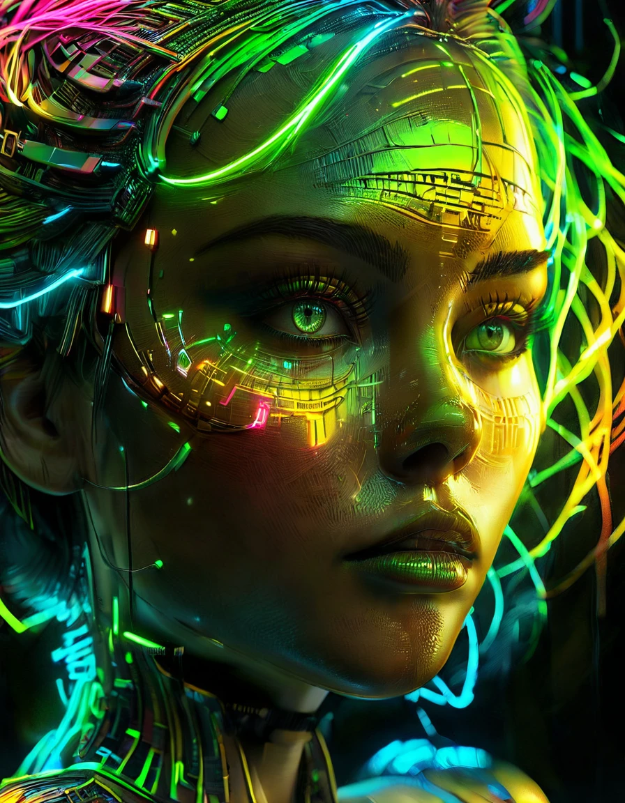 a stunning digital portrait of a woman, ethereal silhouette formed by cascading colorful binary code, electric blues, bright hot pinks, vibrant neon greens, incredible lemon yellow, breathe life into the figure, seamless fusion of technology and organic beauty, 8k ultra-detailed, ultra high resolution, masterpiece, by Yukisakura, cinematic dramatic lighting, photorealistic, hyper-realistic, extremely detailed, sharp focus, intricate patterns, dynamic lines, digital dance, futuristic, cyberpunk, attention to detail, Ultra HDR, extreme contrast of shadowed face and bright digital light. Neon Green irises with hot pink lines accenting the dents between the irises and pupils. Cinematic Portrait, realistic, cinematic photography, octane rendering, trending on art station, attention to facial details, hyper accelerated A.I., Masterpiece