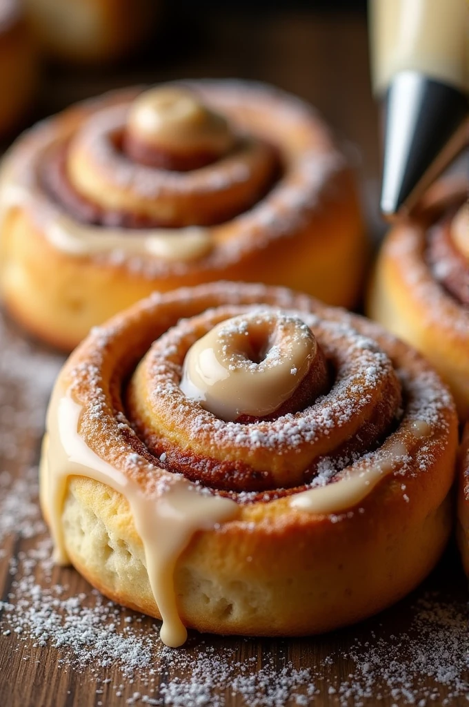 Become an expert in marketing and image design and create me an image showing the following cinnamon roll recipe.
We are a bakery that wants to give our customers a special recipe for cinnamon rolls Recipe:
Cinnamon Rolls Ingredients:
For the dough 4 cups all-purpose flour 1/3 cups margarine 1/2 cups of sugar 1 egg 1 cup of warm milk 1 tablespoon of yeast 1 pinch of salt Filling 1/3 cups of butter to paint the dough 2 tablespoons of ground cinnamon 200g of brown sugar Icing 100g of Cream Cheese 100g of icing sugar 30ml of milk