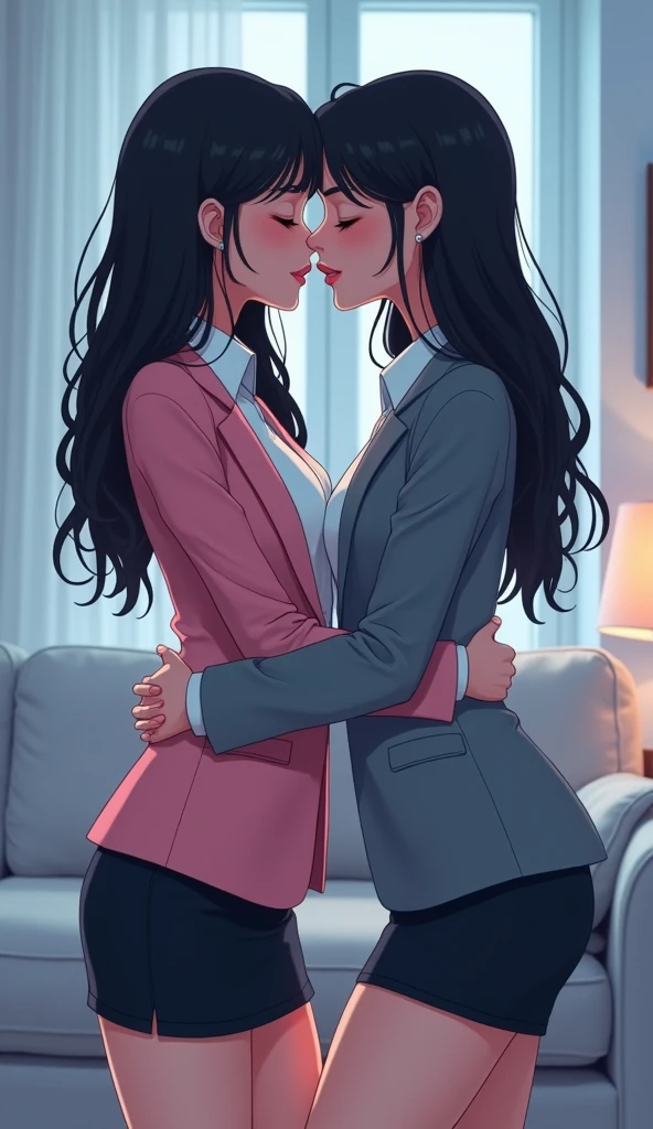 Two girls, long black hairs, yuri, lesbian.
The first girl wear a pink suit jacket, white shirt, black pencil skirt, black underpants, black tights, white socks.
The second girl wore a grey suit jacket, white shirt, black pencil skirt, black underpants, black tights, white socks.
french kiss, lesbian kiss, hugging, sensual body, used one hand insert and reaching finger into inside black underants, closed eyes, light blue living room, novel cartoon, 4K, HD