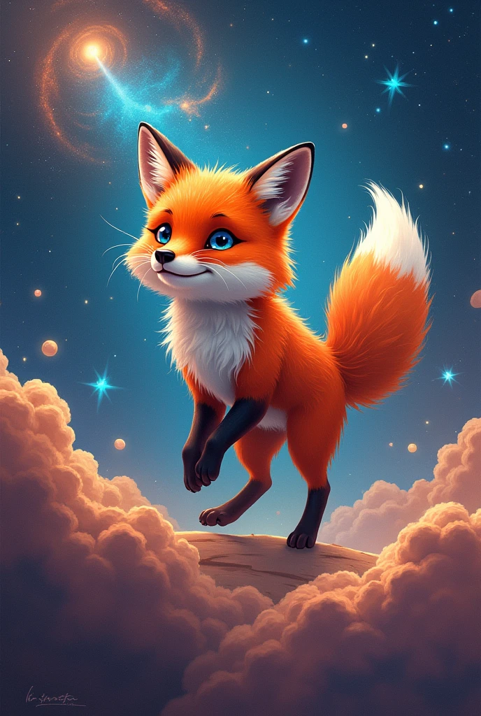 Fox in space , bottom inscription lsq in space colors