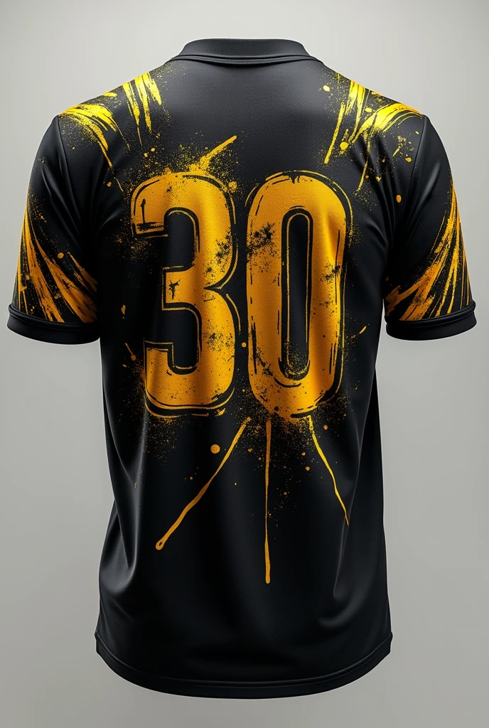 Design a black sports jersey with golden graffiti-style graphics splattered across the front and back. The design should be bold and edgy, with dynamic strokes and abstract shapes giving it a rebellious, street-art vibe. The sleeves should feature smaller graffiti elements near the edges, creating a cohesive look. Add a graffiti-inspired golden player number on the front and back, ensuring the jersey has a strong urban aesthetic.
