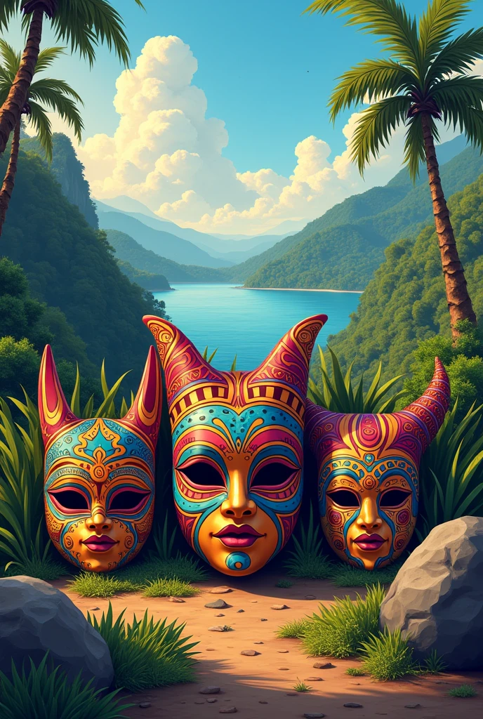 He acts as a graphic designer and creates an illustration of traditional carnival masks placed in a natural environment in Nariño, with the Laguna de la Cocha and the Sanctuary of Las Lajas in the background, creating a contrast between culture and nature.