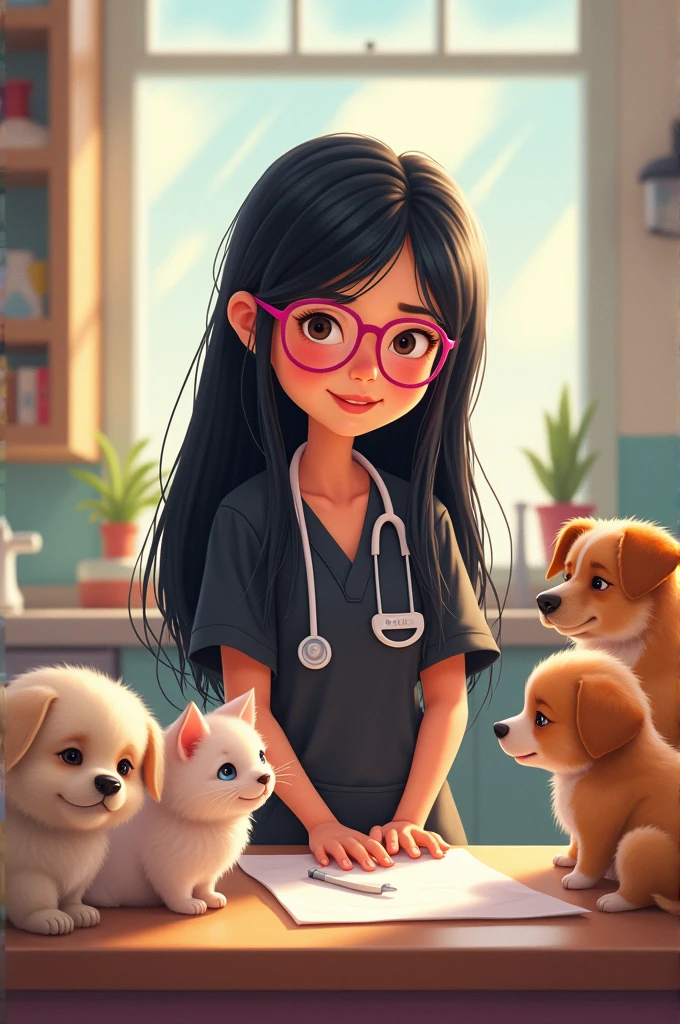 Pixar Cover Veterinarian girl with straight black hair all straight hair loose back hair ,black doctor pajamas , small lips, Wide nose, small eyes,with pink glasses and with animals