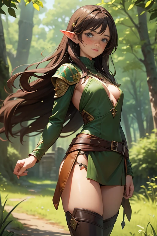 Brown hair fit body medium breasts slender thighs modest green fantasy leather armor cute wood elf solo freckles looking at viewer in woods long hair blowing in wind blushing determination, A necklace adorned with magic stones, A small farming village where people come and go, 8k, extreme detail, sketch art