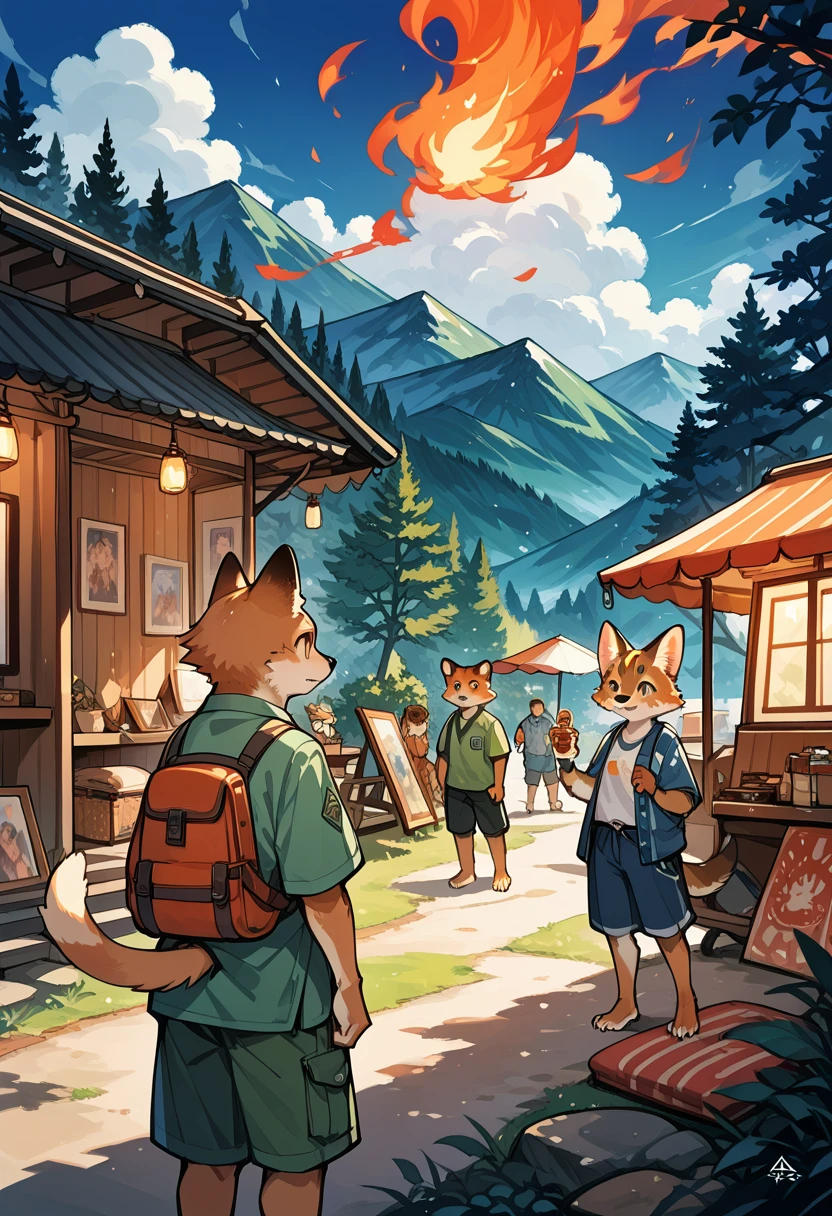rating_safe, score_9, score_8_up, score_7_up, score_6_up, score_5_up, score_4_up, hires, source_furry(kemono, furry anthro, group shot, 1boy, 1girl)Campsite in the mountains, camp-fire, night sky(Photo of family trip),