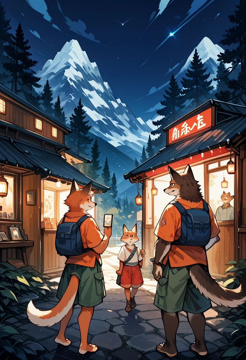 rating_safe, score_9, score_8_up, score_7_up, score_6_up, score_5_up, score_4_up, hires, source_furry(kemono, furry anthro, group shot, 1boy, 1girl)Campsite in the mountains, camp-fire, night sky(Photo of family trip),