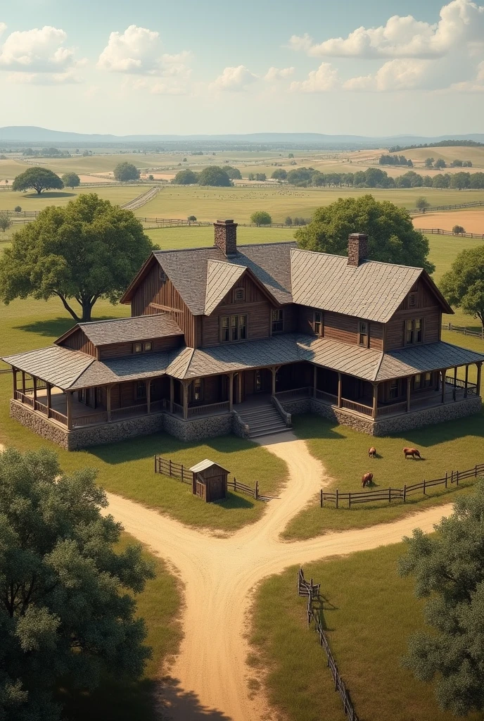 Make a large house inspired by Texas farms, something very rustic
