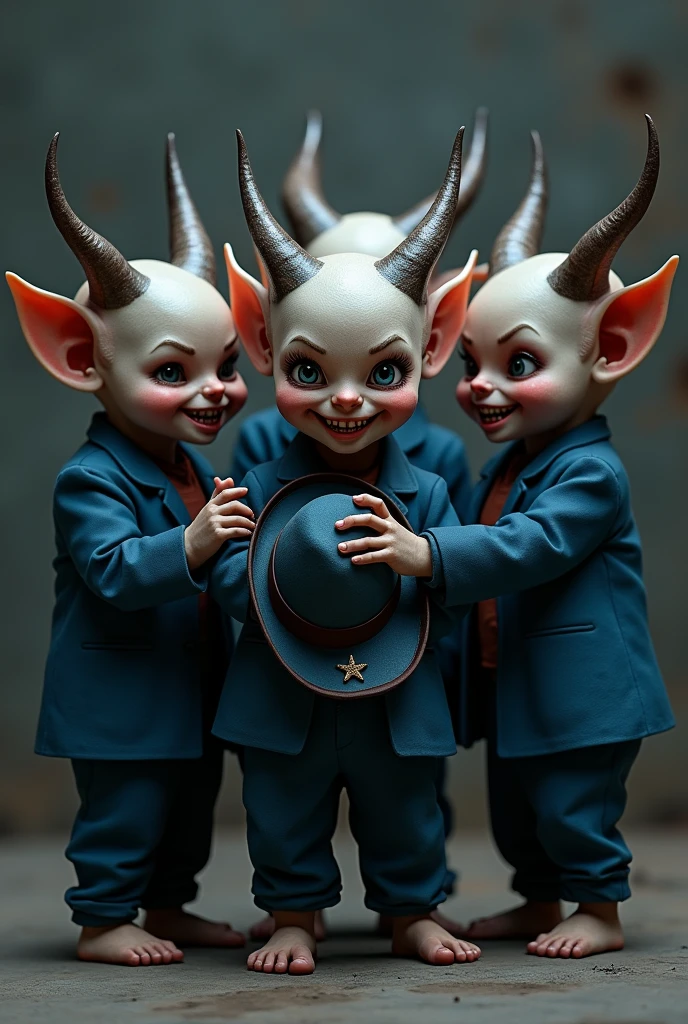 5 evil little devils with silent hand holding trumpet with lead colored sheriff hat and hat pin, blue aviation suit, White shirt 