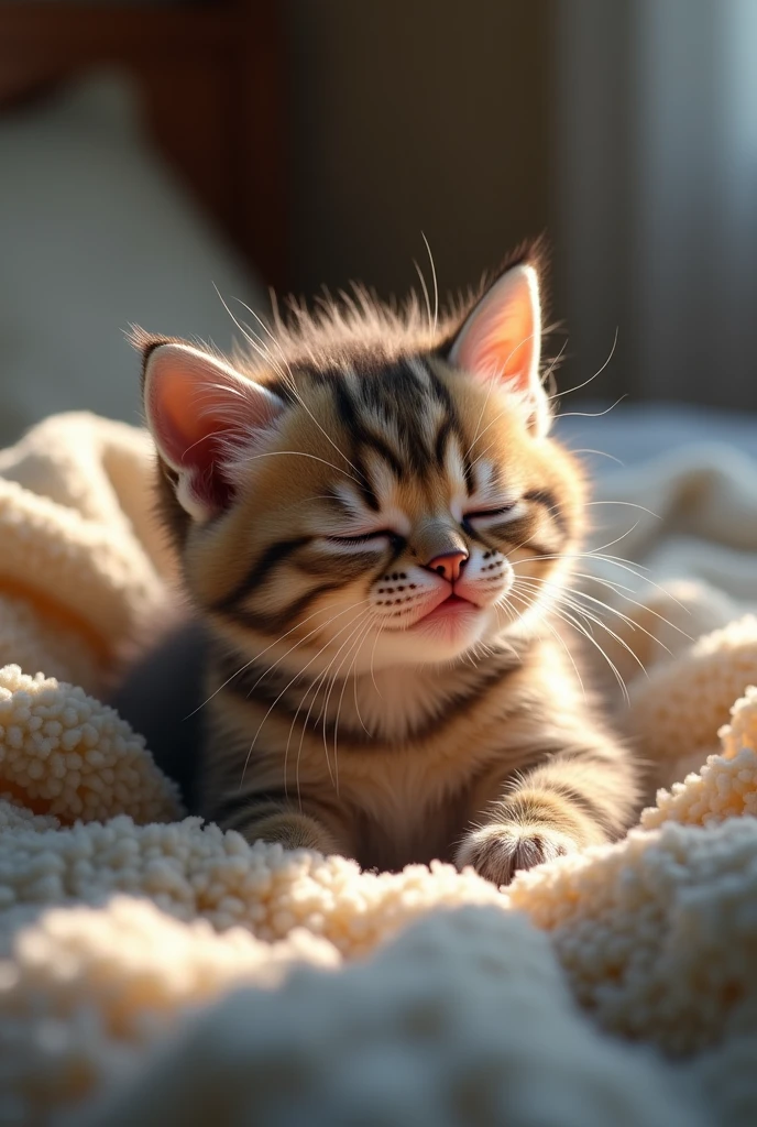 「High fever won't go down、There is a kitten lying on the bed with a painful expression on its face.。 Reflecting that discomfort、Wearing fluffy, warm loungewear。 It's visibly painful、Sweating and trying to rest。"