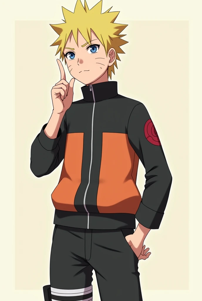 Cute Naruto anime character, standing confidently with one finger raised, signaling a point or idea with a calm and knowing expression on his face. He has short, spiky hair and wears his own outfits "