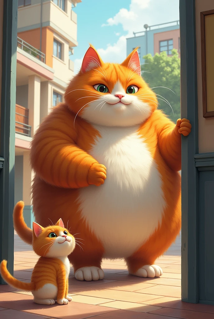 The fat cat arrives at school to see the art exhibition where his kitten's drawing is the protagonist.