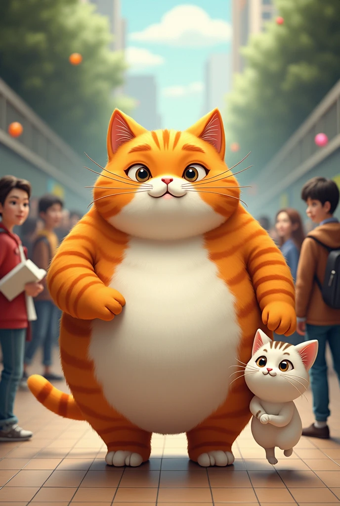 The fat cat arrives at school to see the art exhibition where his kitten's drawing is the protagonist.