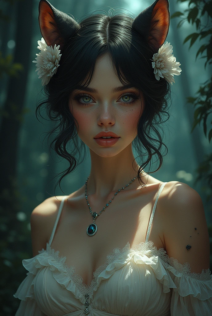 A captivating illustration of a young, elegant woman with a stunning exterior, but her inner beast reveals her true nature. She is adorned with a beautiful dress and delicate accessories, but the shadow of a fierce, beastly creature lurking within her eyes gives a chilling sensation. The background is a dark, mysterious forest, hinting at the wild side of this enigmatic beauty.