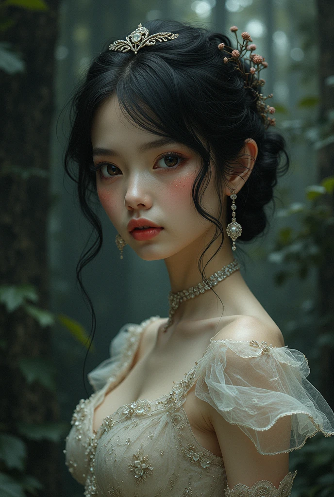 A captivating illustration of a young, elegant woman with a stunning exterior, but her inner beast reveals her true nature. She is adorned with a beautiful dress and delicate accessories, but the shadow of a fierce, beastly creature lurking within her eyes gives a chilling sensation. The background is a dark, mysterious forest, hinting at the wild side of this enigmatic beauty.