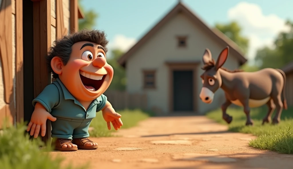 Washerman is a male, 40 years old with dark brown eyes, curly hair. He looks excited, wearing a blue-themed shirt and pants with brown sandals, seeing the people run away again. In the background, the farm is empty, and the donkey is eating. The washerman hides and watches with a smile. Pixar 3D style.