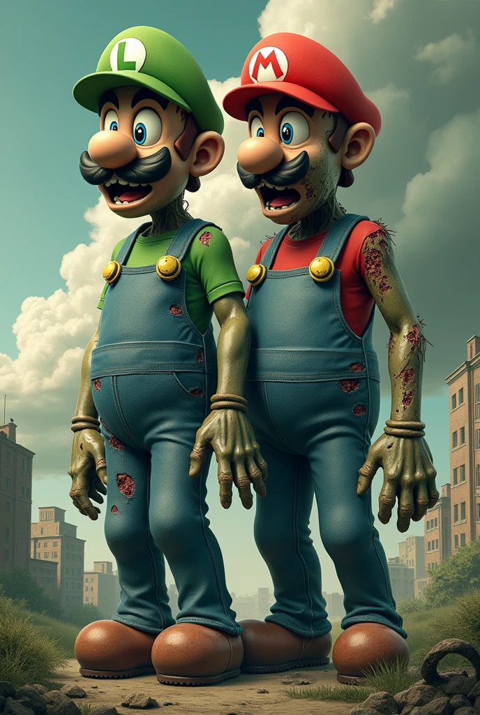 Mario bros with zombie appearance, that is taller and humanoid style