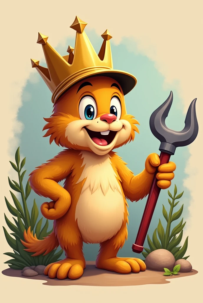 a mascot inspired by disney animations of a three-pointed crown with a friendly face and holding a griffin and a screwdriver, create it with the color gold and the rest in the color "#0b3d2c , #00a651 b #FFFFFF" This mascot is for a company called King of Repairs, specialized in building and residential maintenance.