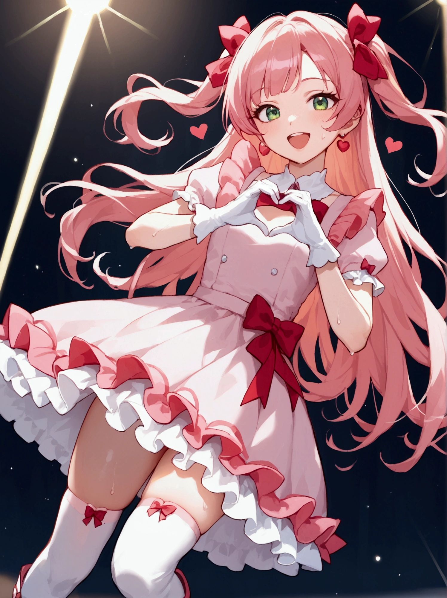 score_9, score_8_up, score_7_up, rating_safe, masterpiece, best quality, very aesthetic, absurdres, 1girl, solo, pink hair, long hair, hair ribbon, ribbon, bangs, green eyes, smile, open mouth, faint lips, idol, idol clothes, red bow, pink dress, frilled dress, frills, gloves, white gloves, thighs, skindentation, pink thighhighs, white boots, sweat, music, singing, heart hands, on stage, stage light, spotlight, glowstick, penlight (glowstick)