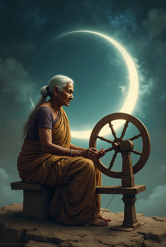 Picture of a old woman wearing full covered saree sitting inside the moon spinning wheel and a big sky in background