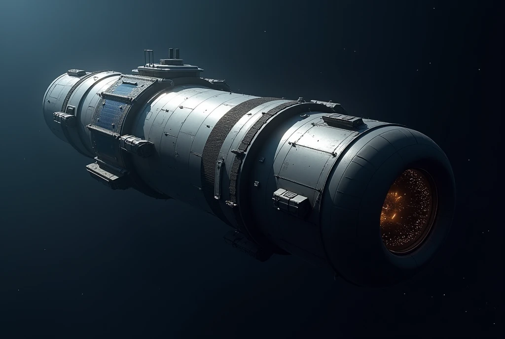**Hyperdetailed Cylindrical Space Colony:**
- **Structure**: A massive, elongated cylinder floating in space. Its length is 5-6 times its diameter.
- **Exterior**: Smooth, reflective metallic surface with visible solar panels and radiators along the sides.
- **Ends**: Each end has a large circular cap, possibly with docking ports.
- **Scale**: The colony should appear at least 100 times larger than any nearby spacecraft.
- **Lighting**: Sunlight is coming from one side, creating a gradient from light to shadow across the curve.
- **Perspective**: The cylinder is viewed at a slight angle, highlighting its cylindrical shape. Not viewed directly from the side or end.
**Background:**
- **Space**: A dark blue space background, not black.
- **Exclusion**: Absolutely no stars, planets, nebulae, or any other objects in the background.
**Style:**
- **Photorealistic**: High contrast, sharp details. Not cartoonish or stylized.
**Exclusions:**
- **No Interior Views**: Do not include any internal structures or cutaways.
- **No Other Objects**: No other space stations, ships, or objects should be included.
- **No Text or Labels**: No text, labels, or annotations on the image.