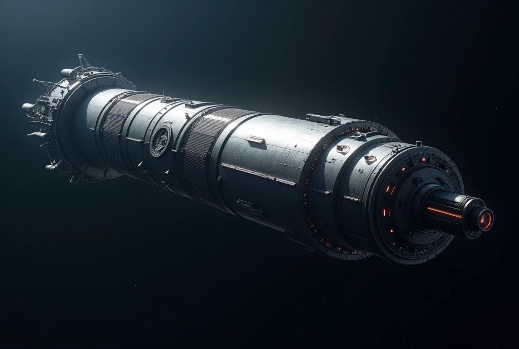**Hyperdetailed Cylindrical Space Colony:**
- **Structure**: A massive, elongated cylinder floating in space. Its length is 5-6 times its diameter.
- **Exterior**: Smooth, reflective metallic surface with visible solar panels and radiators along the sides.
- **Ends**: Each end has a large circular cap, possibly with docking ports.
- **Scale**: The colony should appear at least 100 times larger than any nearby spacecraft.
- **Lighting**: Sunlight is coming from one side, creating a gradient from light to shadow across the curve.
- **Perspective**: The cylinder is viewed at a slight angle, highlighting its cylindrical shape. Not viewed directly from the side or end.
**Background:**
- **Space**: A dark blue space background, not black.
- **Exclusion**: Absolutely no stars, planets, nebulae, or any other objects in the background.
**Style:**
- **Photorealistic**: High contrast, sharp details. Not cartoonish or stylized.
**Exclusions:**
- **No Interior Views**: Do not include any internal structures or cutaways.
- **No Other Objects**: No other space stations, ships, or objects should be included.
- **No Text or Labels**: No text, labels, or annotations on the image.
