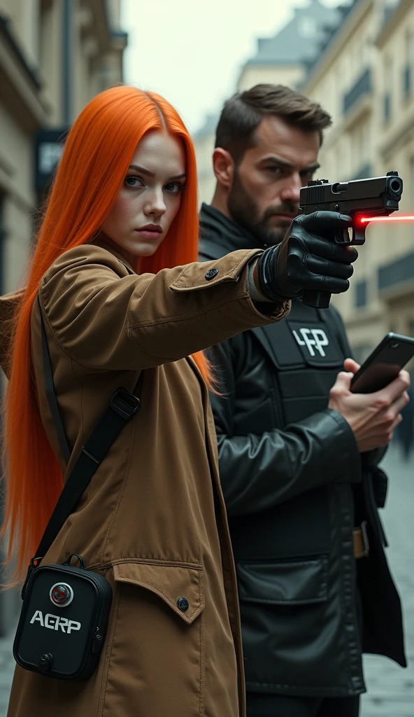 (work of art,Distinctive Quality,mirror-like,Cinematic experience,insanely detaileda,absurderes),8k,wall-paper,(best illustrations:2.0),(A woman with pale skin:2.0),(motoko kusanagi:2.0),(Ghost in the Shell style worldview:2.0),(light brown leather jacket:2.0),(Heavy black bulletproof vest:2.0),(written vest "ARP":1.8),tactical clothing,(black gloves:2.0),(vibrant orange long straight hair:2.0),(gorgeous eyes),(face detailed),(Detailed hand drawing feminina:2.0),(He is standing in an imposing posture and pointing a pistol at me with both hands..:2.0),(Drawing in monochrome:2.0),(sf:2.0),(A pistol with a laser pointer under the barrel:2.0),(Point your pistol&#39;s red laser pointer at me:2.0).
there is also a man,(a 2 English man:2.0),brown hair and thin beard,(Ghost in the Shell style worldview:2.0),(black tactical overcoat:2.0),(Heavy black bulletproof vest:2.0),(written vest "ARP":1.8),(black gloves:2.0),(thin, thin-faced boy:2.0),(gorgeous eyes),(face detailed),(Detailed hand drawing:2.0),(He is standing and fiddling with his cell phone..:2.0),(The background is Paris),(Drawing in monochrome:2.0),(noir:2.0),(kubrick stare:2.0),Both are side by side, 