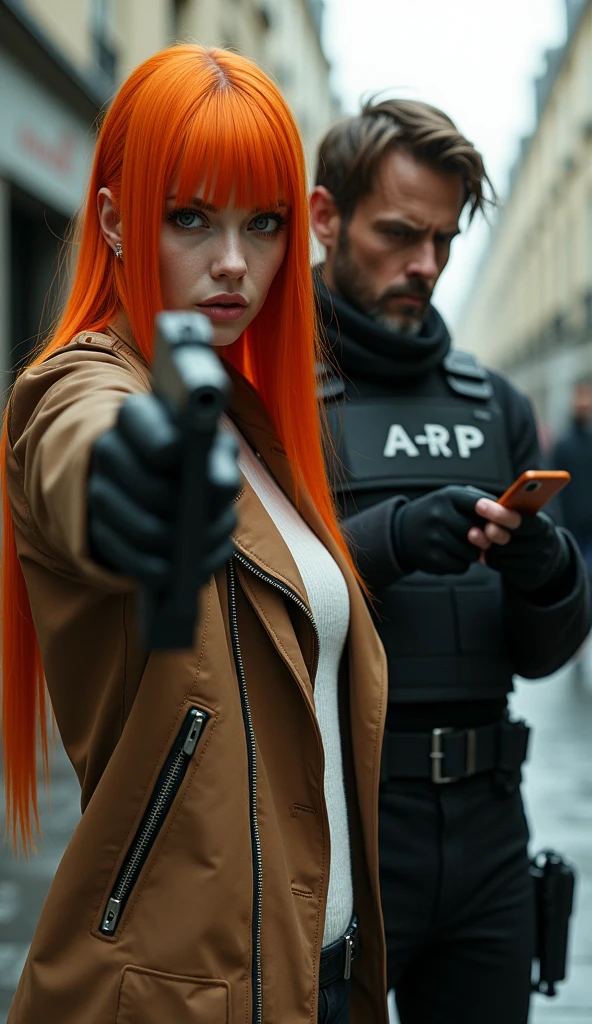 (work of art,Distinctive Quality,mirror-like,Cinematic experience,insanely detaileda,absurderes),8k,wall-paper,(best illustrations:2.0),(A woman with pale skin:2.0),(motoko kusanagi:2.0),(Ghost in the Shell style worldview:2.0),(light brown leather jacket:2.0),(Heavy black bulletproof vest:2.0),(written vest "ARP":1.8),tactical clothing,(black gloves:2.0),(vibrant orange long straight hair:2.0),(gorgeous eyes),(face detailed),(Detailed hand drawing feminina:2.0),(He is standing in an imposing posture and pointing a pistol at me with both hands..:2.0),(Drawing in monochrome:2.0),(sf:2.0),(A pistol with a laser pointer under the barrel:2.0),(Point your pistol's red laser pointer at me:2.0).
there is also a man,(a 2 English man:2.0),brown hair and thin beard,(Ghost in the Shell style worldview:2.0),(black tactical overcoat:2.0),(Heavy black bulletproof vest:2.0),(written vest "ARP":1.8),(black gloves:2.0),(thin, thin-faced boy:2.0),(gorgeous eyes),(face detailed),(Detailed hand drawing:2.0),(He is standing and fiddling with his cell phone..:2.0),(The background is Paris),(Drawing in monochrome:2.0),(noir:2.0),(kubrick stare:2.0),Both are side by side,