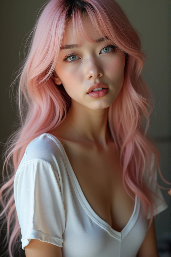 Nationality: Japanese-British mixed
Face Shape: Sexy appearance
Hairstyle: Long light pink hair
Eyes: Blue
Skin Tone: Fair
Outfit: Missy look style, ripped skirt, and V-neck t-shirt
Body Type: Slim and