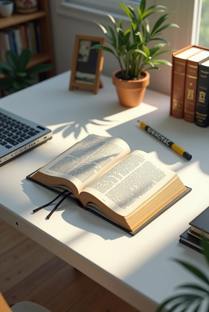 open bible on white desk with study environment aerial view