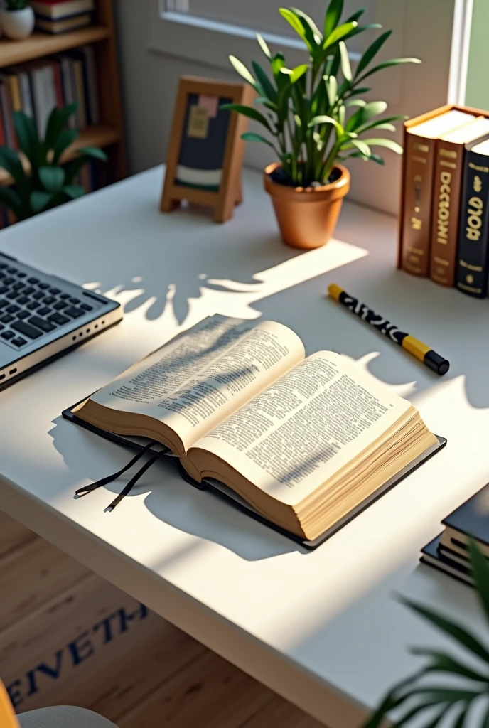 open bible on white desk with study environment aerial view