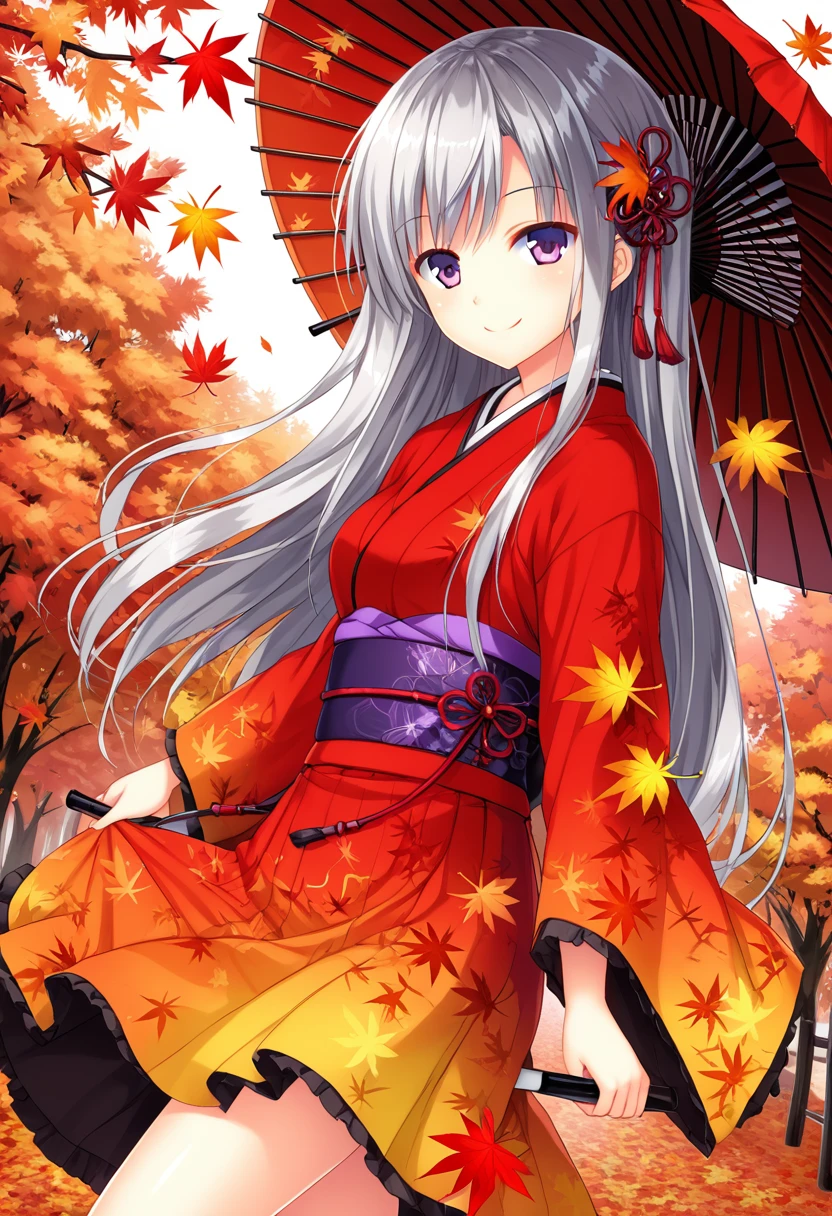 A girl in a vibrant Japanese dress, smiling, silver hair, long hair, Japanese umbrella, autumn leaves, fallen leaves