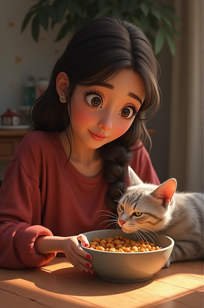 Zara takes the cat home:Zara is taking the cat home and feeding it in a bowl. Cat is eating in the bowl and Zara is looking at him lovingly.
