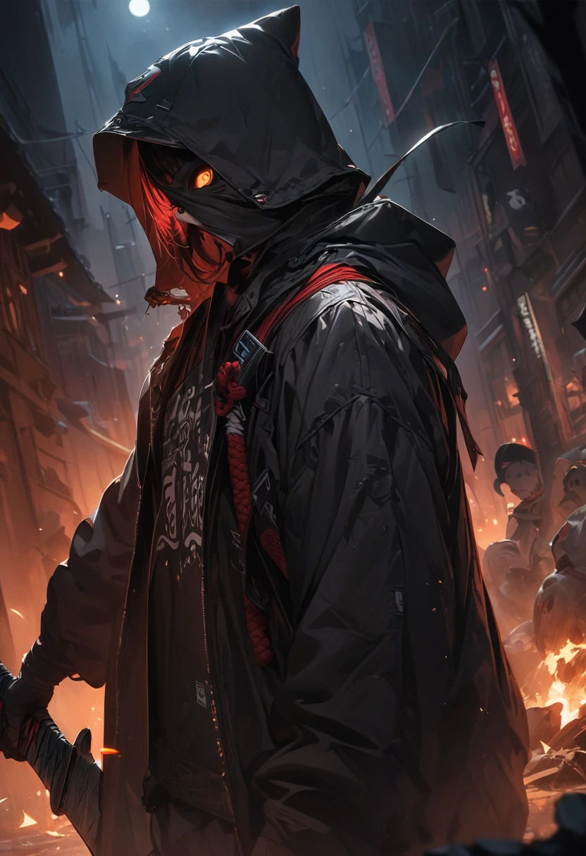 score up_9,score up_8,score up_7,source_アニメ,horror style,masterpiece,best quality,super fine illustration,super detailed,8k,holding_sword,black cap,dark,Shogun,black eyemask,black mantle,BREAK Night,detailed background,