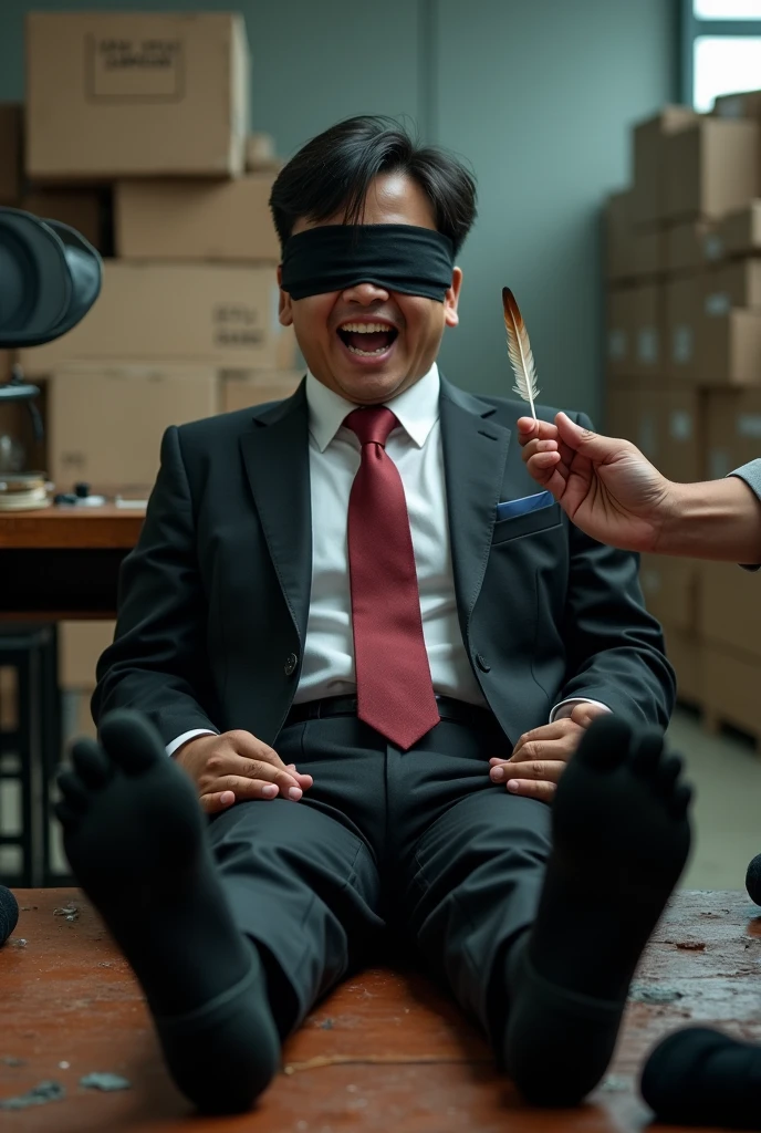 Malaysia malay handsome 21 years teacher
His hand tied up in warehouse
Blindfolded
Black Suit and Red tie
feet on desk
Black Sock at floor
Shoes at floor
feather
5 toes each feet
Smock effect smelly sock
2 man holding feather tickle his feet
He laugh very hard