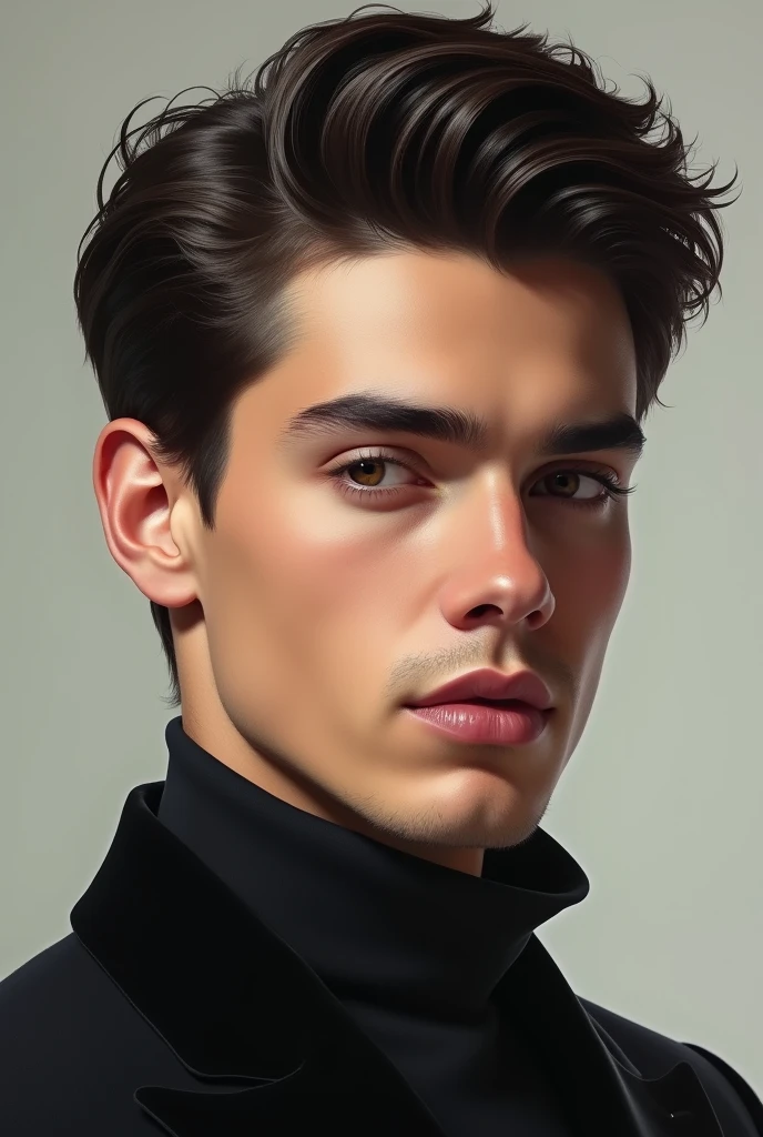 A realistic looking young guy. European looking with sharp features. Dark hair and dark eyes. Sophisticated looking