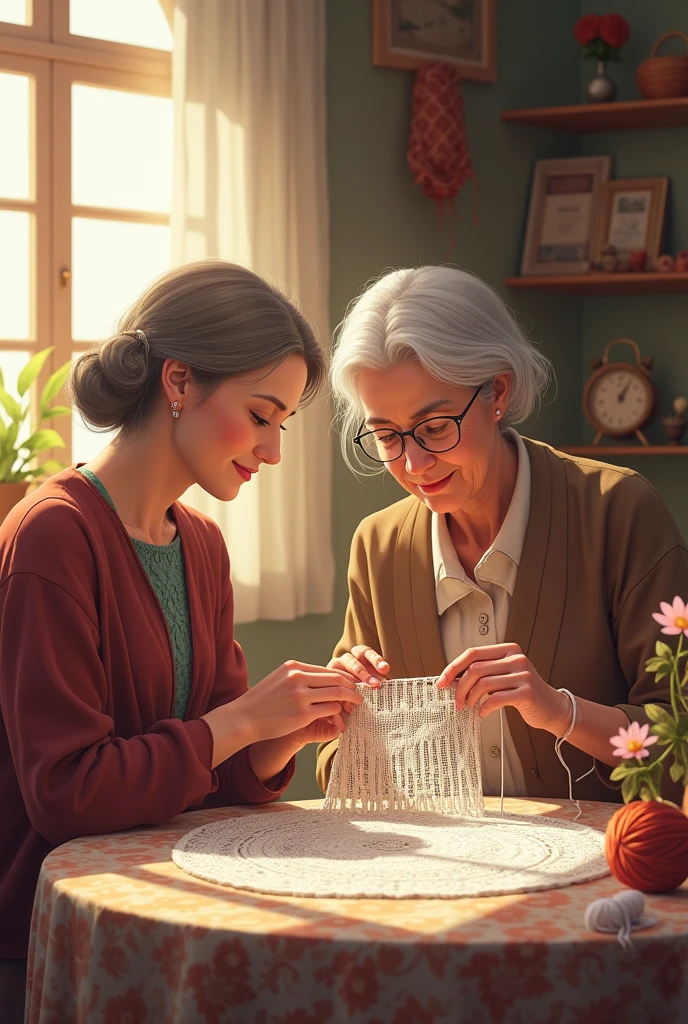 Senior woman knitting a tablecloth teaching another to knit