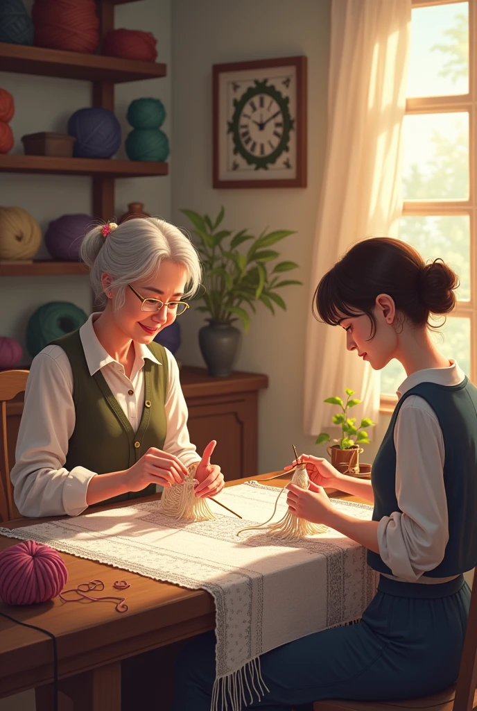 Senior woman knitting a tablecloth teaching another to knit