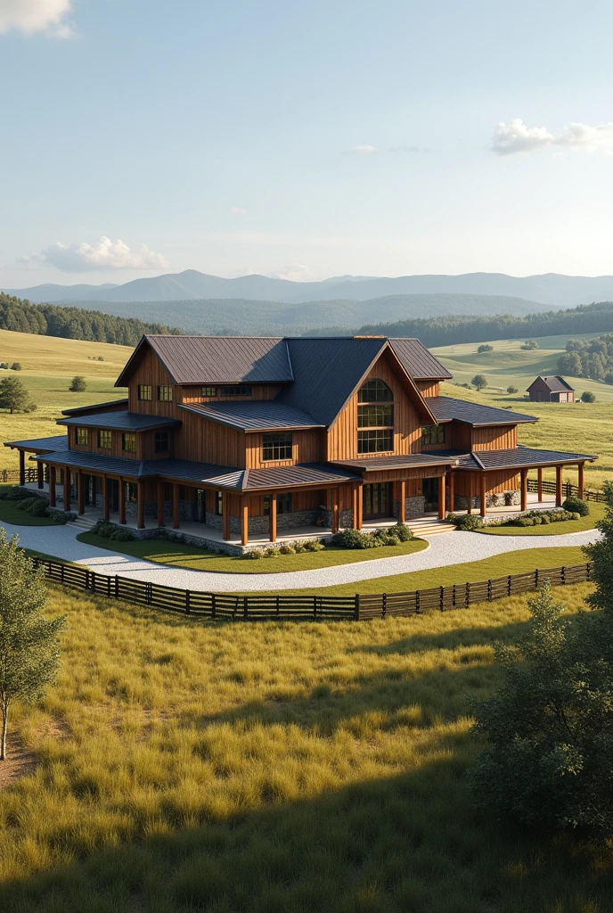 Make a large house inspired by John Dutton&#39;s modern rustic house on a farm with an entrance and that has on this farm a corral for animals and barns 