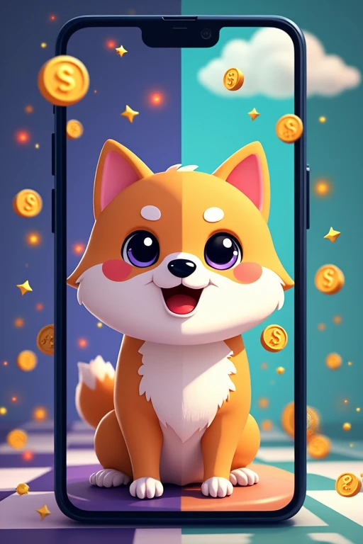 A split-screen showing a nostalgic 90s Tamagotchi on one side and a modern smartphone with the PlayDoge game on the other. The PlayDoge screen shows a cute Shiba Inu character surrounded by crypto symbols and game elements. Shower, food, and play icons float around the dog. Dollar signs and PLAY tokens rain down in the background