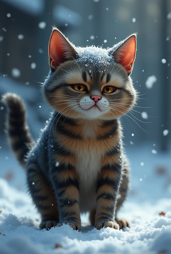 This cat looks like it's having a bad day. Its eyes are narrowed, and its expression shows clear irritation, as if it's annoyed by something—perhaps the cold snow under its paws or an unexpected disturbance. The cat's posture is tense, and the way it's standing with a slight hunch suggests it's ready to defend itself or just wants to be left alone. The snowflakes on its fur seem to add to its frustration, making it look like it's had enough of the cold weather. This is a cat that clearly doesn’t appreciate being out in the snow right now