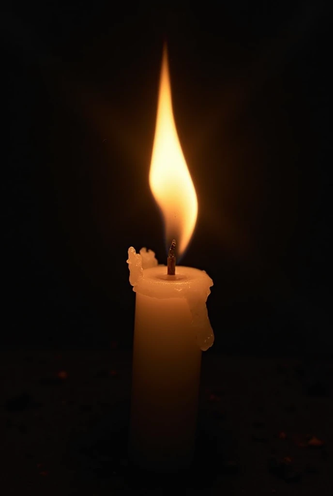 A lit candle, with the flame in the shape of the number "5", dark background illuminated by candle