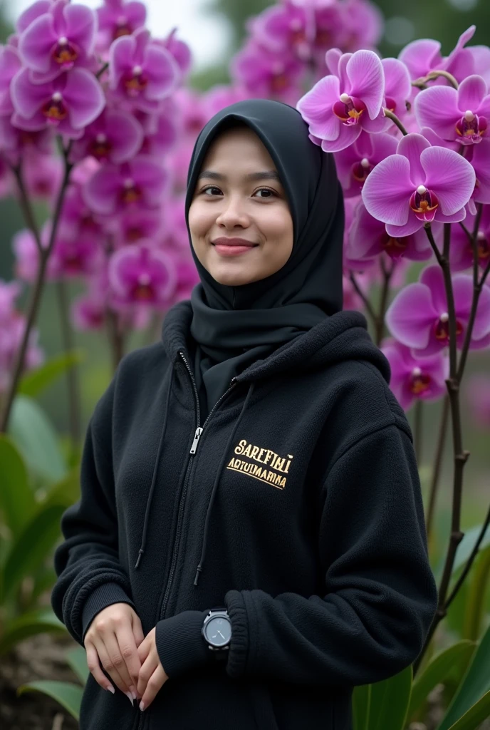 a beautiful Indonesian woman, smooth white skin, well-groomed face,wearing a black hijab, panjang, slow motion,wearing a black knitted hoodie with the name Santi logo . celana Cropped coklat slow motion Banyak kantong nya, smiled faintly,white shoes,black watch, posing standing next to a beautiful and profusely blooming eggplant purple orchid. The background of the beautiful orchid flower garden is very amazing .Realistic original photo