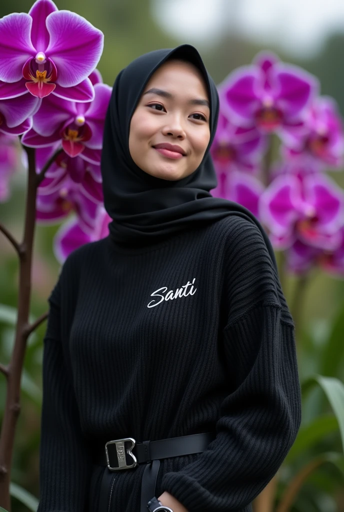 a beautiful Indonesian woman, smooth white skin, well-groomed face,wearing a black hijab, panjang, slow motion,wearing a black knitted hoodie with the name Santi logo . celana Cropped coklat slow motion Banyak kantong nya, smiled faintly,white shoes,black watch, posing standing next to a beautiful and profusely blooming eggplant purple orchid. The background of the beautiful orchid flower garden is very amazing .Realistic original photo 