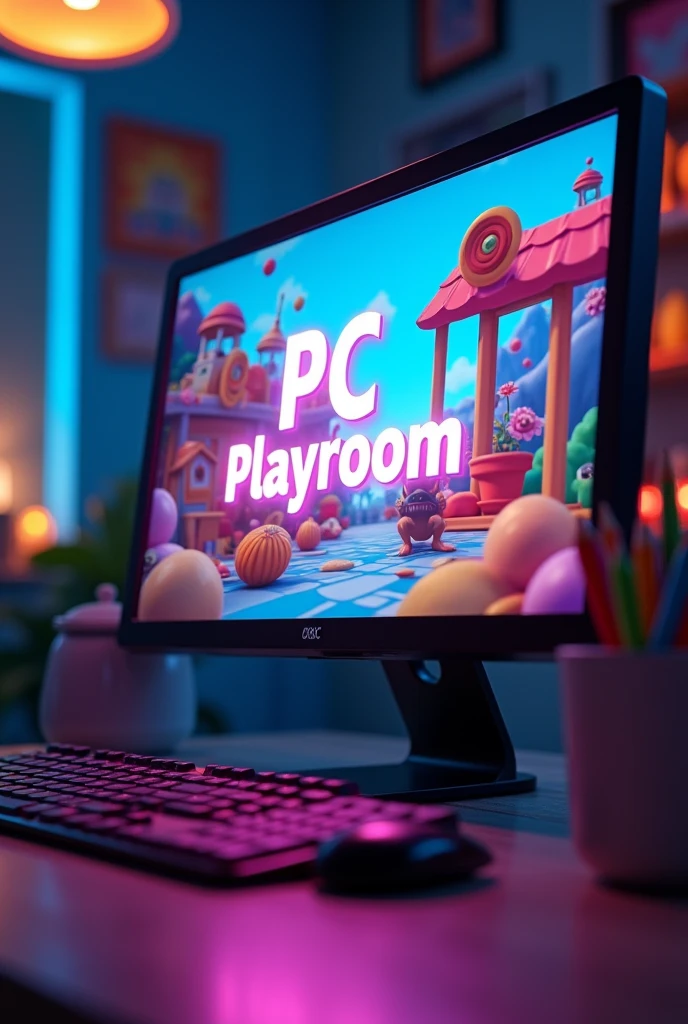 A computer screen with a live background. The word PC Playroom is written on the screen